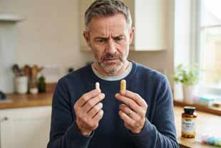 homme hesitant entre deux doses de complements alimentaires